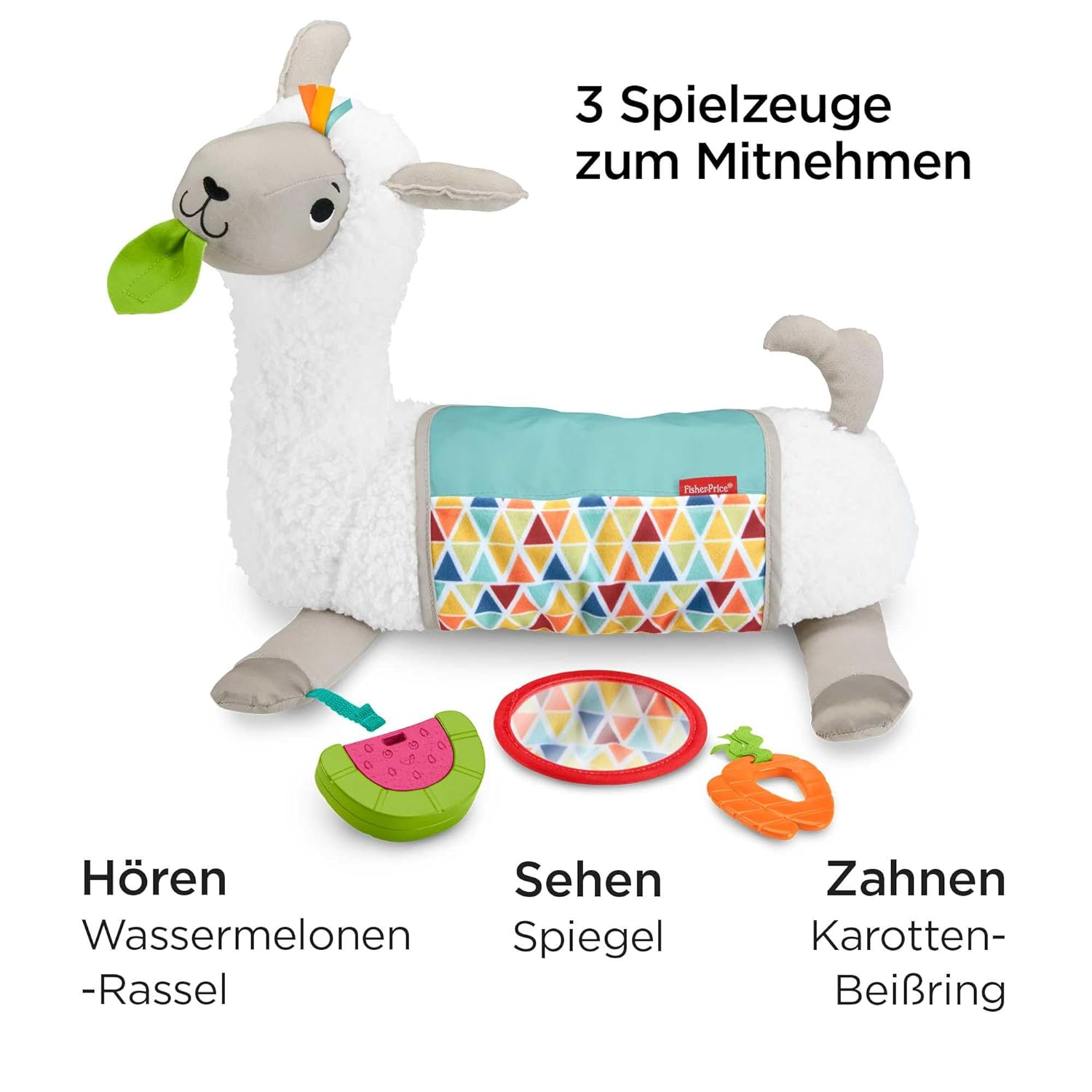 Fisher-Price GLK39 - 4 in 1 Lama Soft Play Cushion with 4 Play Options and 3 Toys to Take Away, Baby Toy from Birth