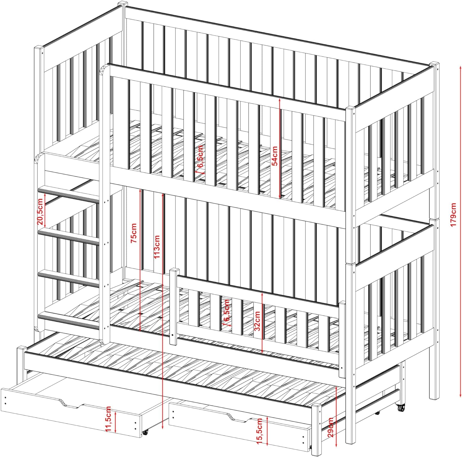 thematys® Emilka Bunk Bed 90 x 200 cm with 2 Drawers Bunk Bed with Fall Protection and Slatted Frame, Childrens Bed Made of Solid Pine Wood in White, with Pull-Out Bed 200 x 90 cm