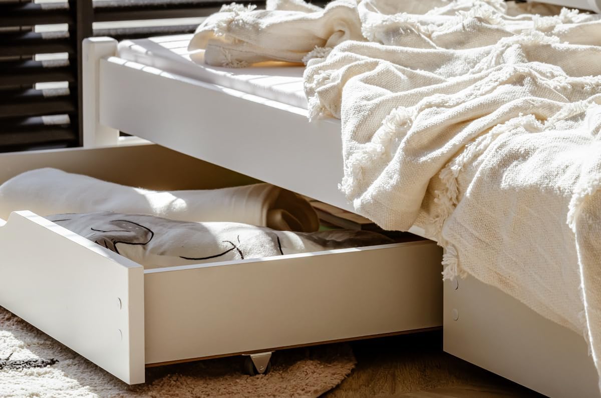 thematys® Emilka Bunk Bed 90 x 200 cm with 2 Drawers Bunk Bed with Fall Protection and Slatted Frame, Childrens Bed Made of Solid Pine Wood in White, with Pull-Out Bed 200 x 90 cm