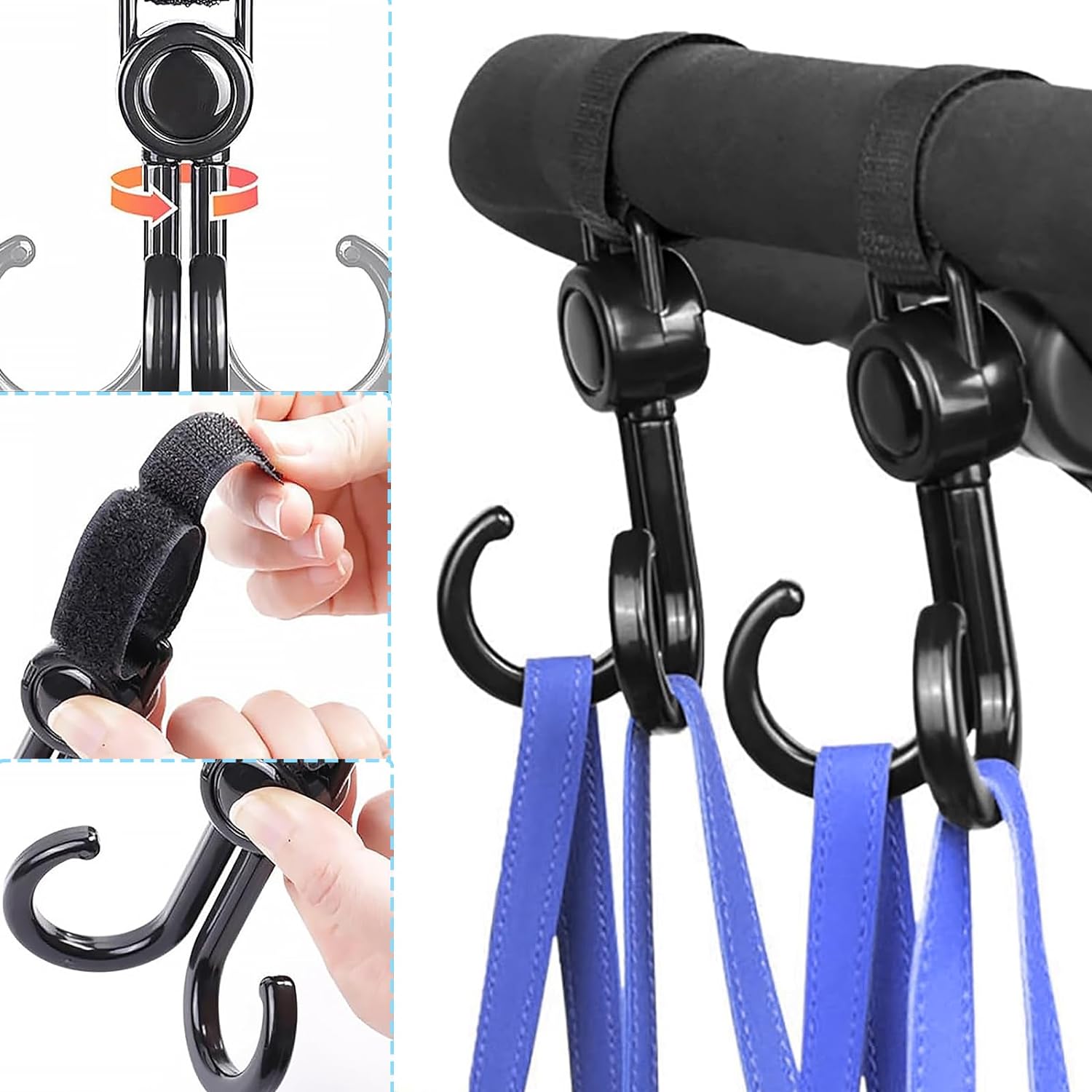 8 Stück Klettverschluss Kinderwagen Haken Set für Wickeltaschen,Leder Taschenhaken für Rucksäcken, Geldbörsen usw,Universelle Kinderwagen Zubehör für Aufhängen Von Taschen Und Einkaufen(Schwarz)