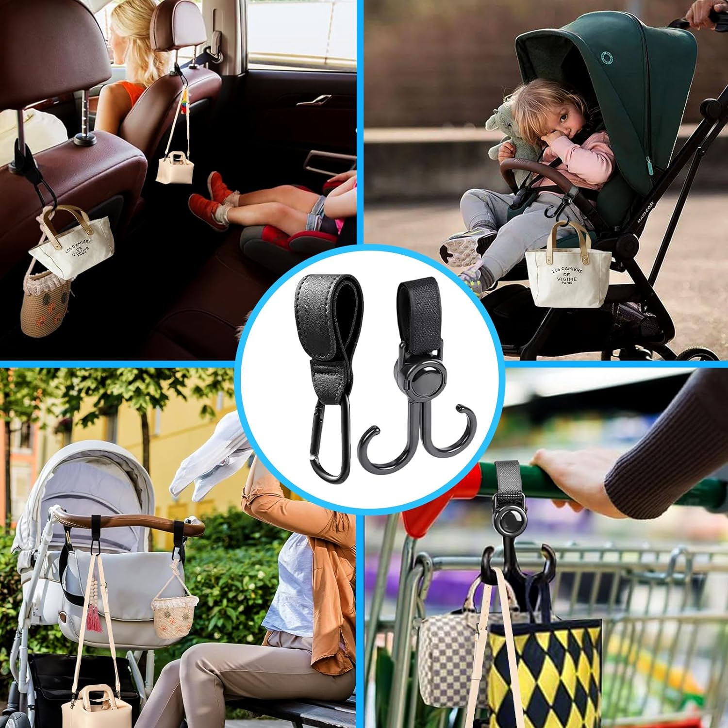 8 Stück Klettverschluss Kinderwagen Haken Set für Wickeltaschen,Leder Taschenhaken für Rucksäcken, Geldbörsen usw,Universelle Kinderwagen Zubehör für Aufhängen Von Taschen Und Einkaufen(Schwarz)