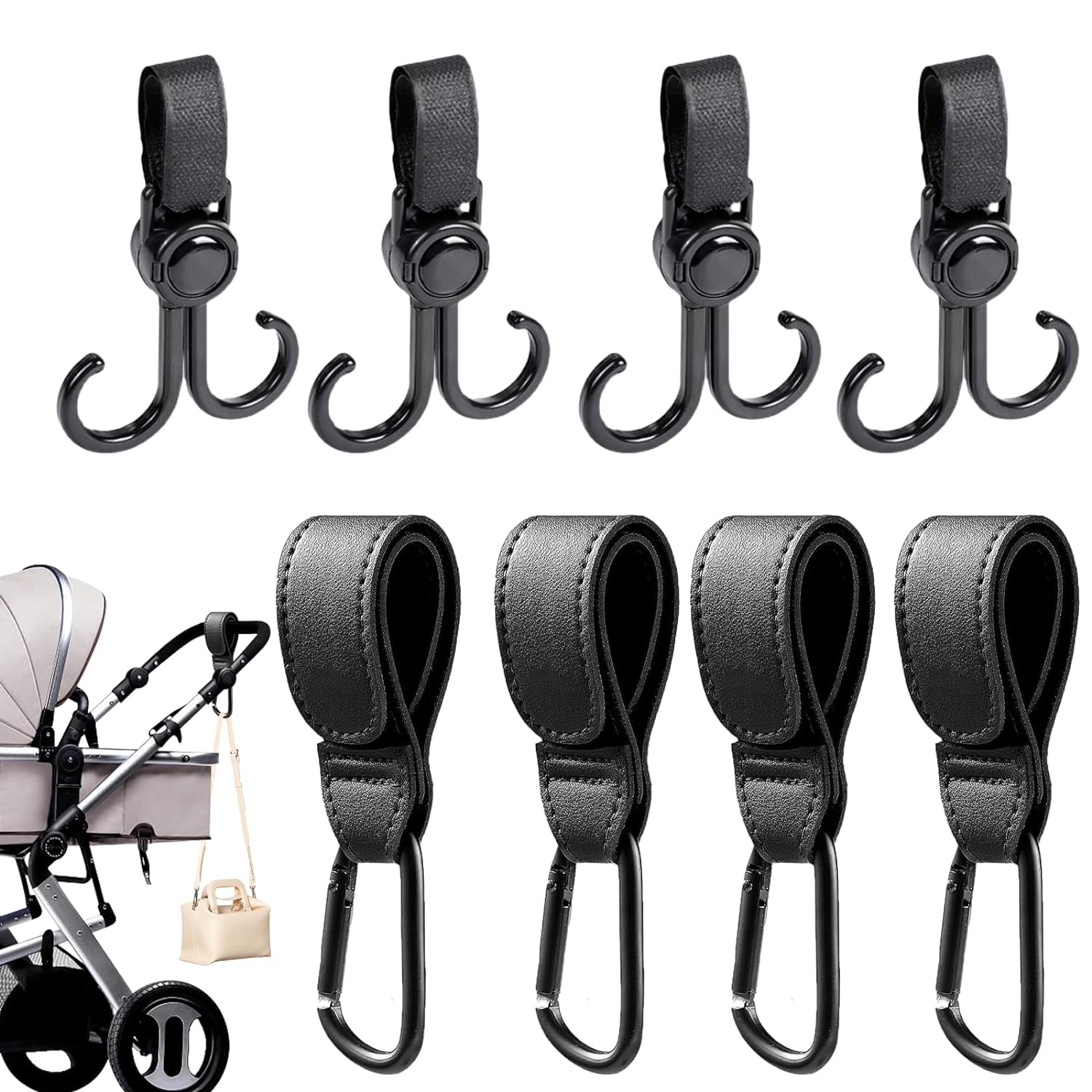 8 Stück Klettverschluss Kinderwagen Haken Set für Wickeltaschen,Leder Taschenhaken für Rucksäcken, Geldbörsen usw,Universelle Kinderwagen Zubehör für Aufhängen Von Taschen Und Einkaufen(Schwarz)