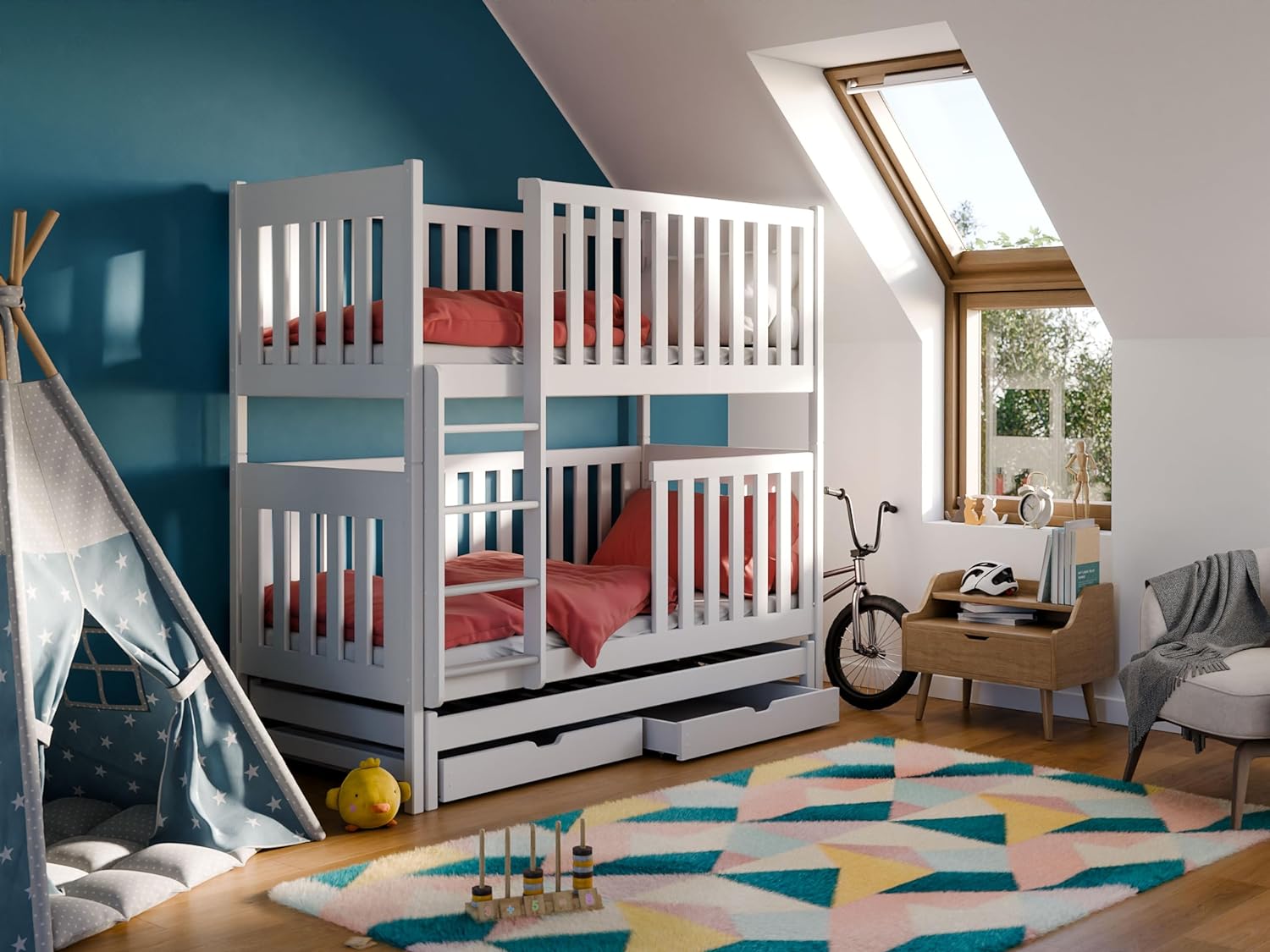 thematys® Emilka Bunk Bed 90 x 200 cm with 2 Drawers Bunk Bed with Fall Protection and Slatted Frame, Children's Bed Made of Solid Pine Wood in White, with Pull-Out Bed 200 x 90 cm