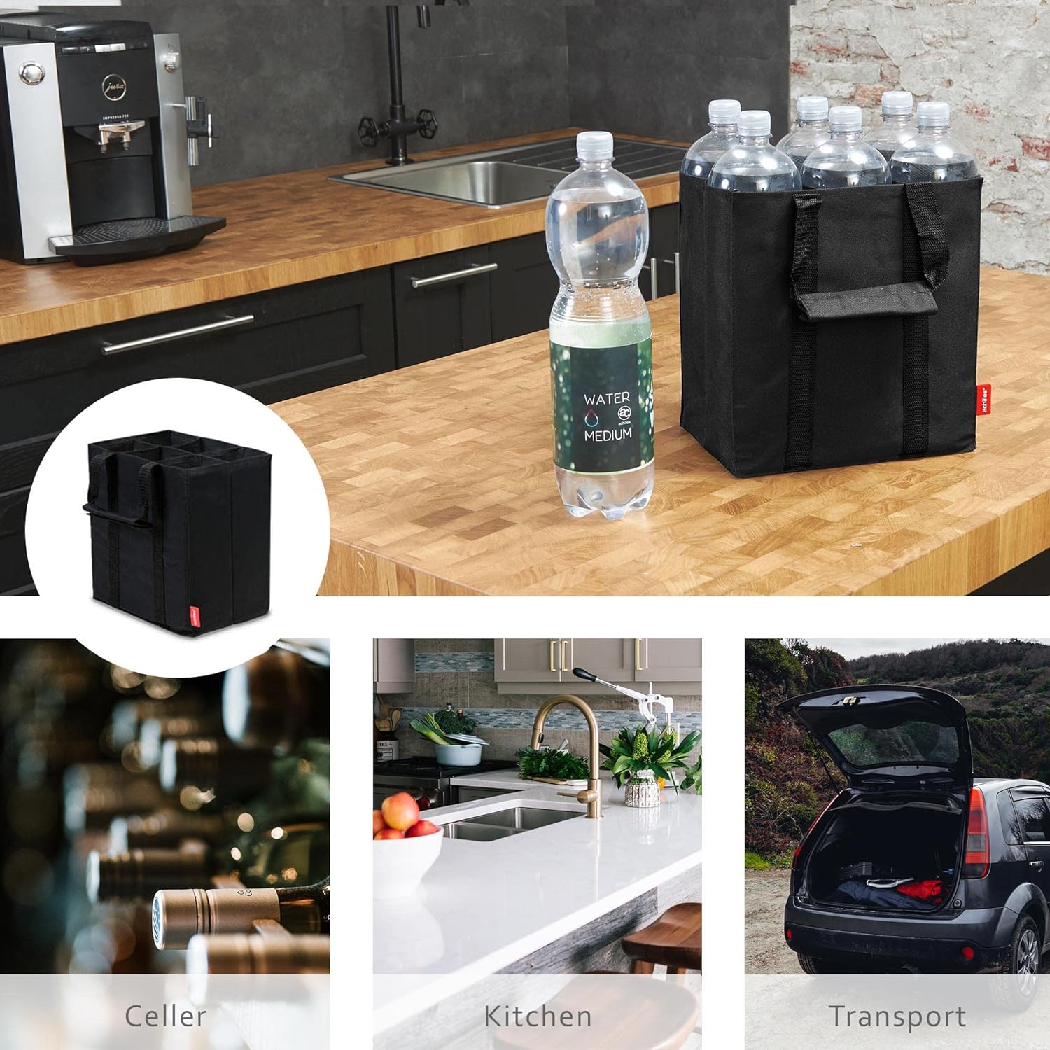 achilles Bottle Bag for 12 x 1.5 Litre Bottles, Bottle Bag, Carry Bag with Dividers for Bottles, Shopping Bag with 12 Compartments, 36 cm x 27 cm x 27 cm (Black)